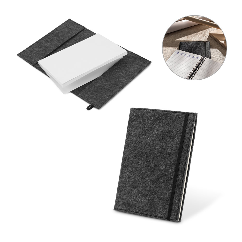 Caderno A5 com capa em feltro 100% reciclado, com 160 páginas pautadas recicladas
