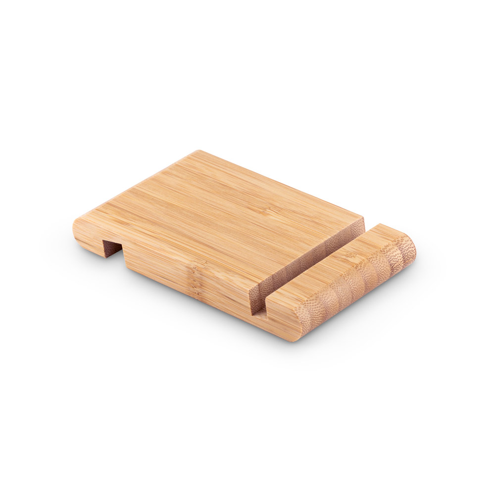 Suporte para celular em bambu com duas canaletas de tamanhos diferentes