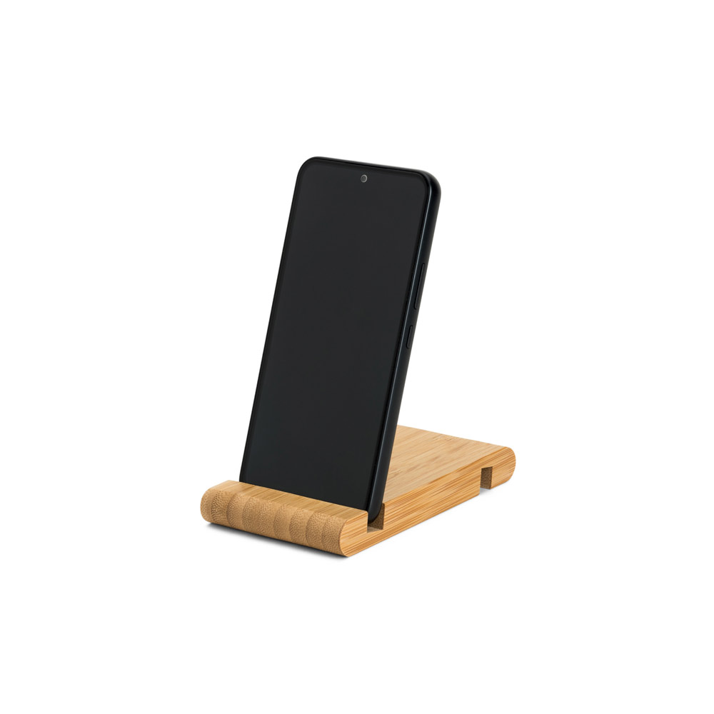 Suporte para celular em bambu com duas canaletas de tamanhos diferentes