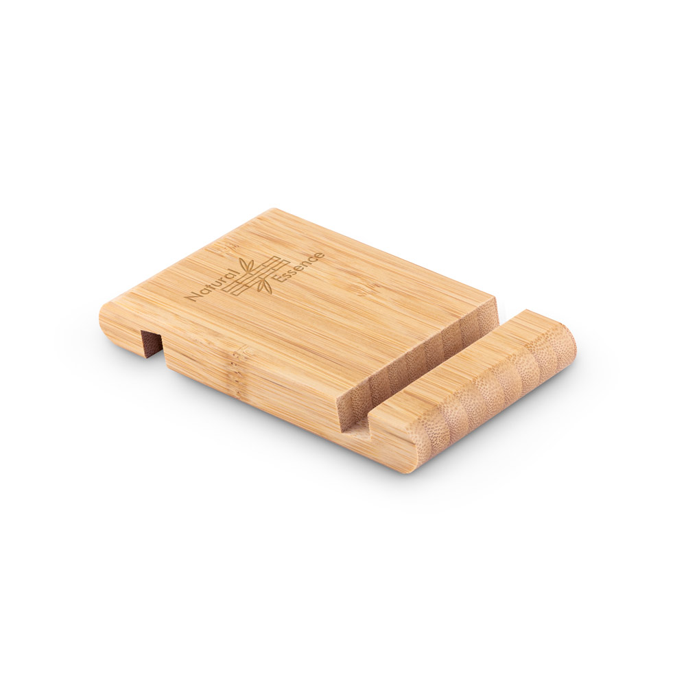 Suporte para celular em bambu com duas canaletas de tamanhos diferentes