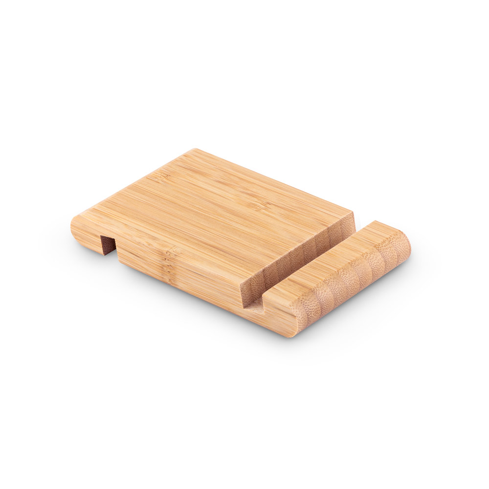Suporte para celular em bambu com duas canaletas de tamanhos diferentes
