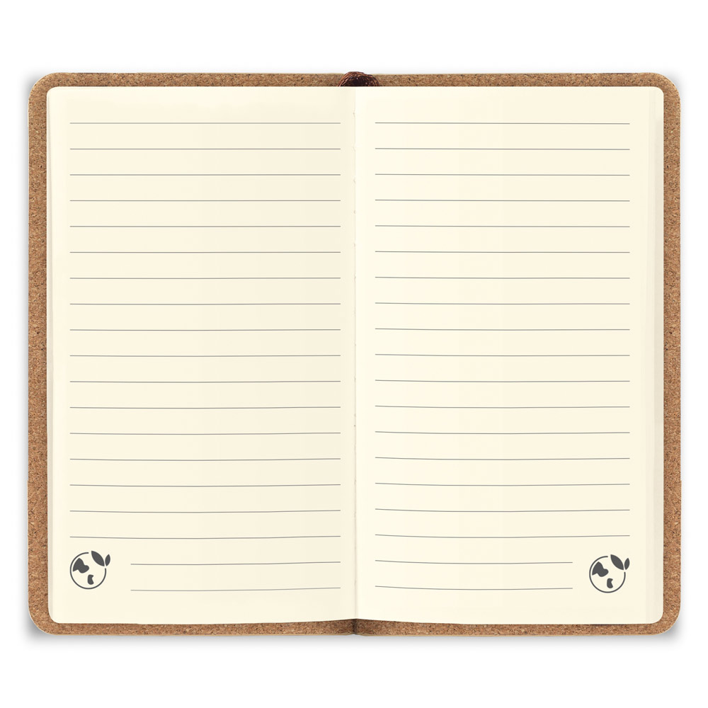 Caderno de bolso de capa dura em folha de bambu e cortiça com 160 páginas pautadas