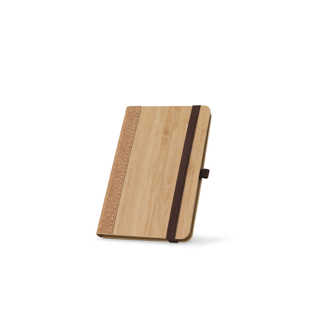 Caderno de bolso de capa dura em folha de bambu e cortiça com 160 páginas pautadas