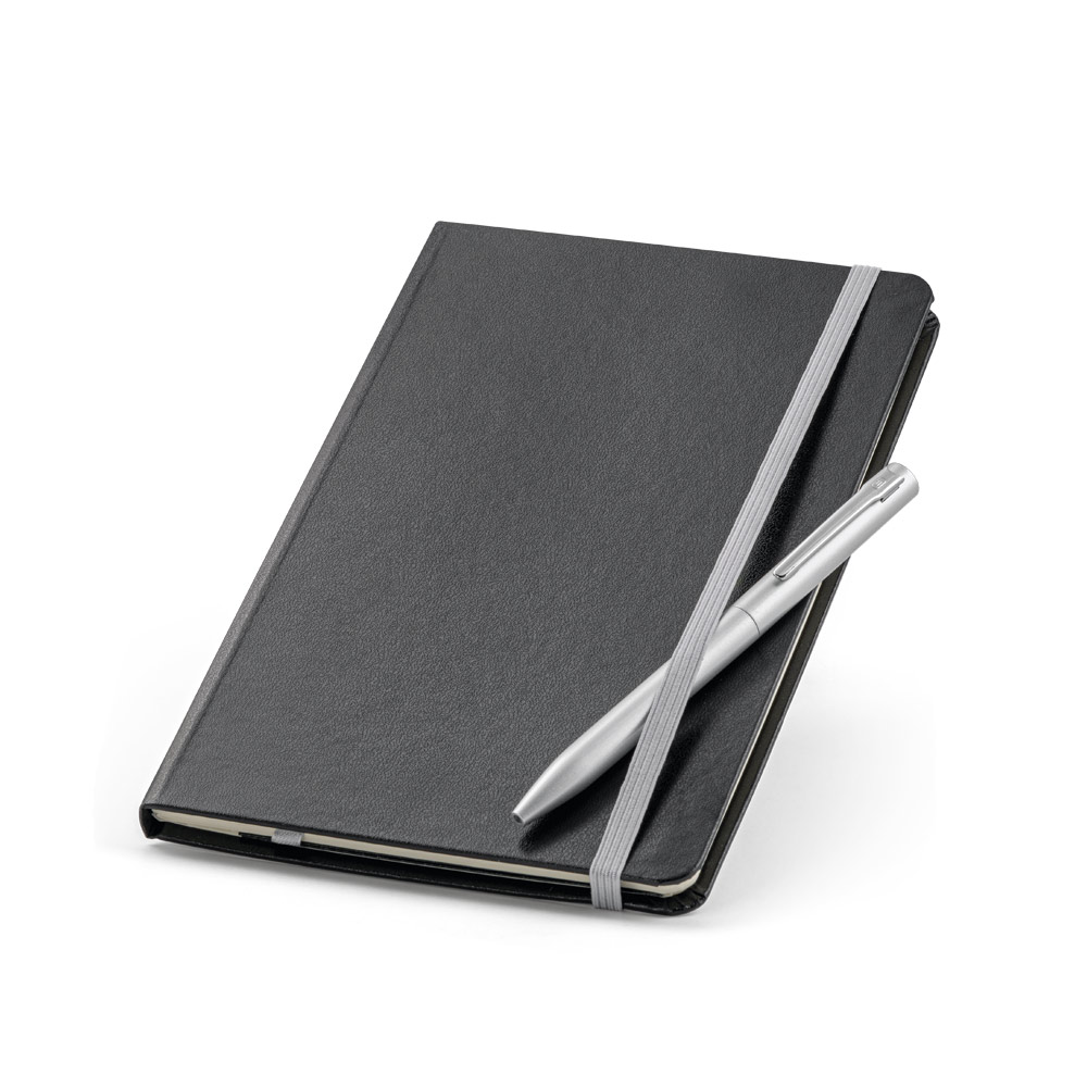 Kit de caderno e esferográfica. Caderno com 160 páginas pautadas e esferográfica com escrita em azul