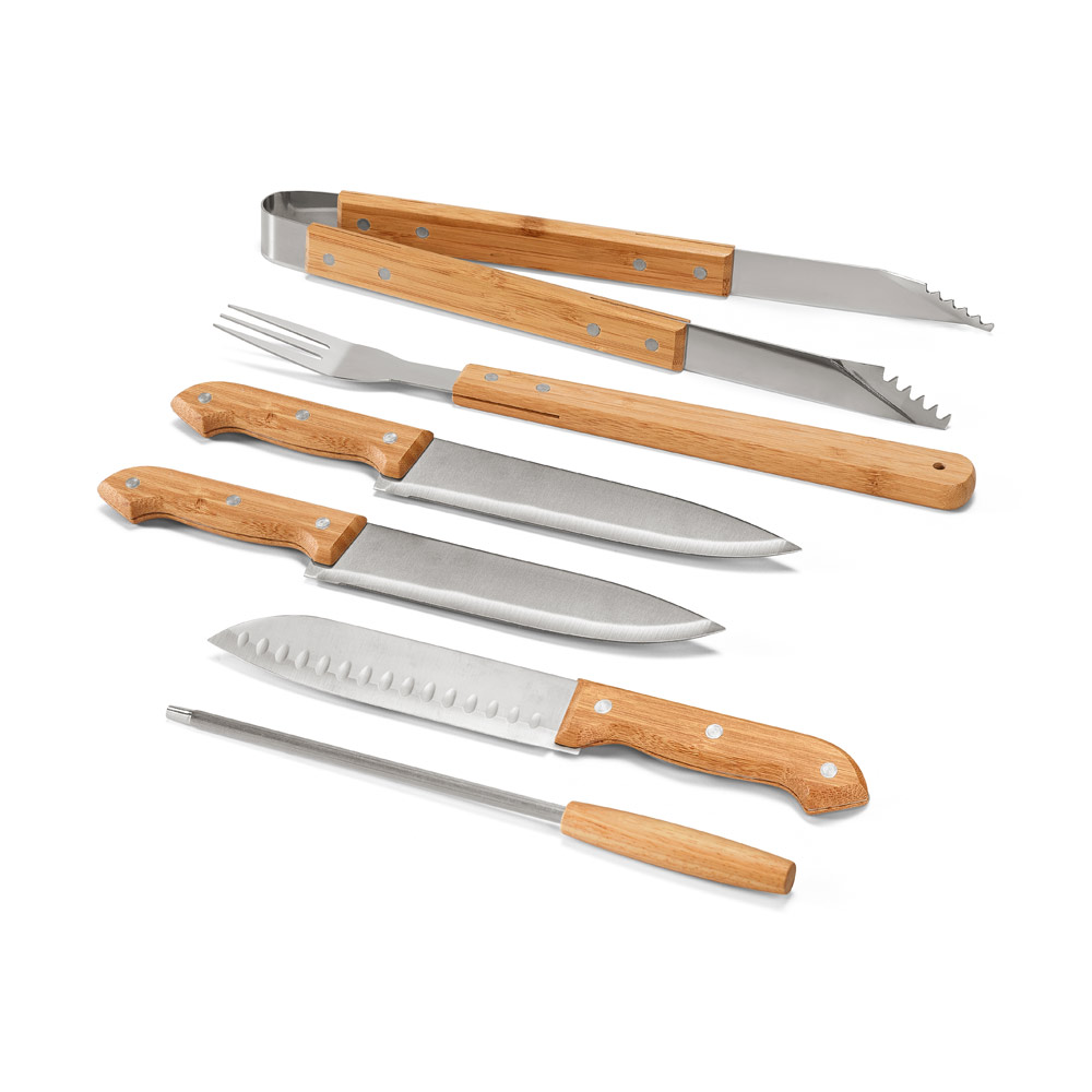 Kit churrasco em estojo de bambu com 6 peças em aço inox e bambu