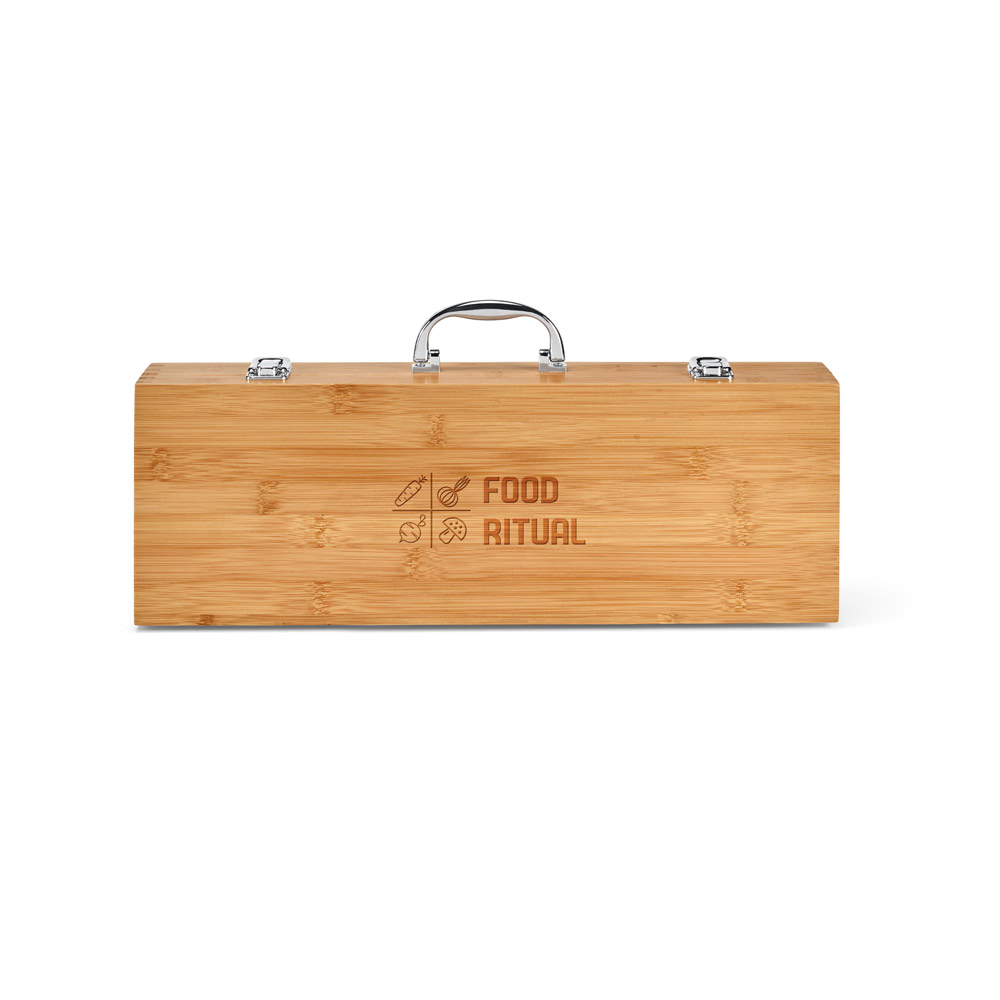 Kit churrasco em estojo de bambu com 6 peças em aço inox e bambu