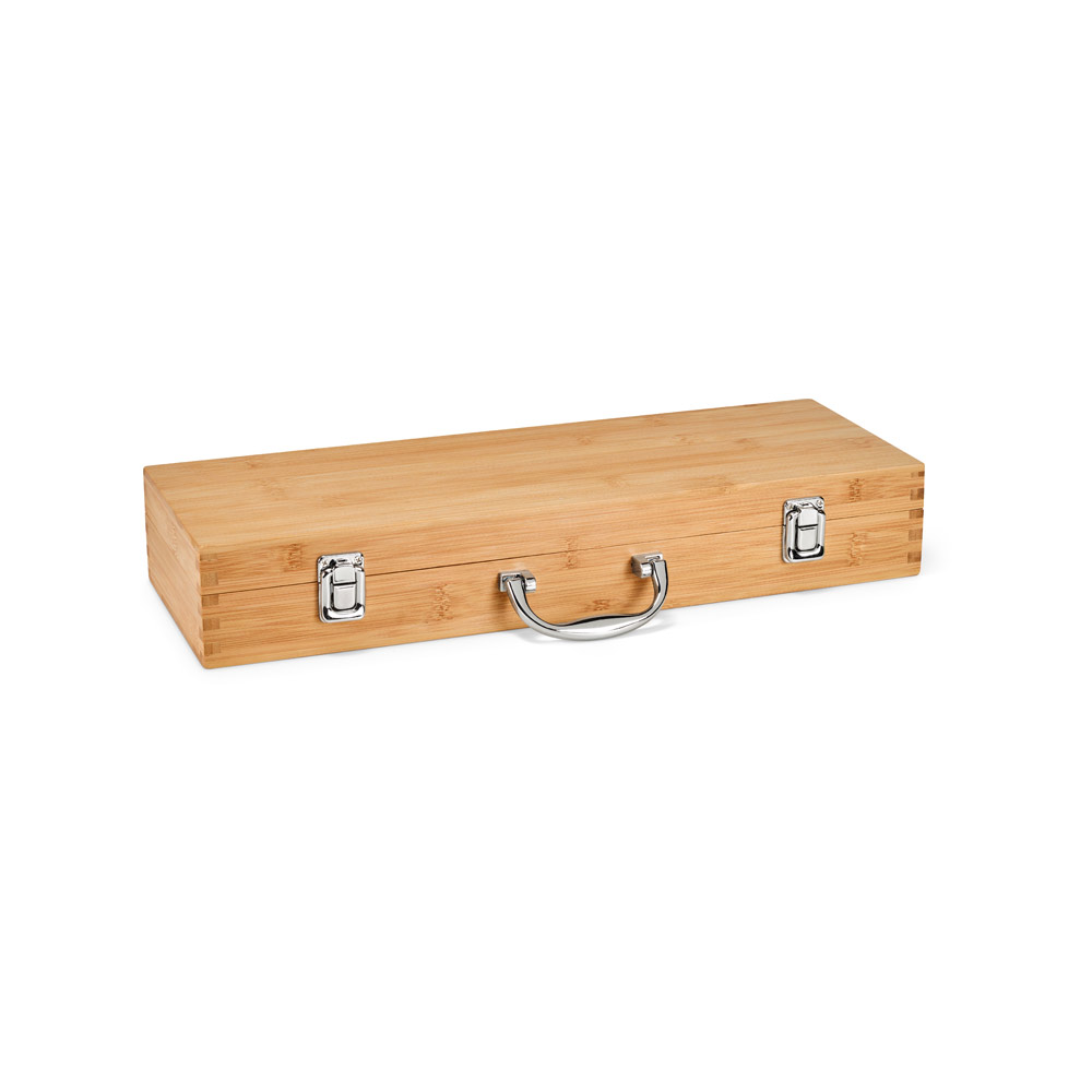 Kit churrasco em estojo de bambu com 6 peças em aço inox e bambu