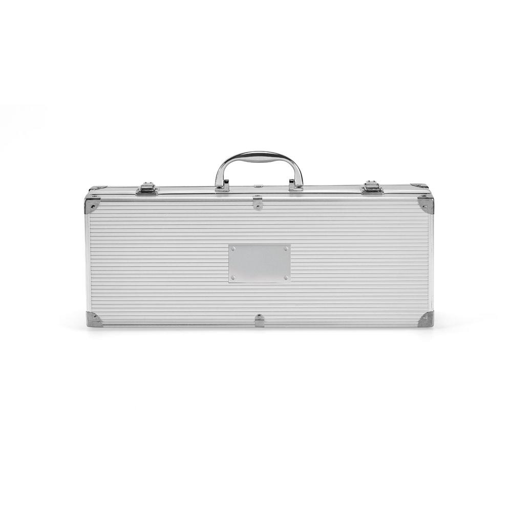 Kit churrasco em estojo de alumínio com luva de cozinha em poliéster e 6 utensílios em aço inox