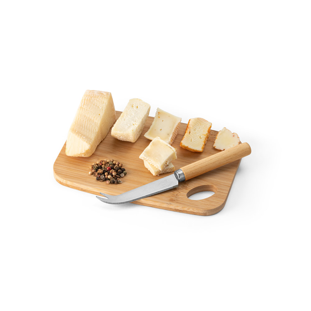Conjunto de tábua de corte e pequena faca de queijo em bambu