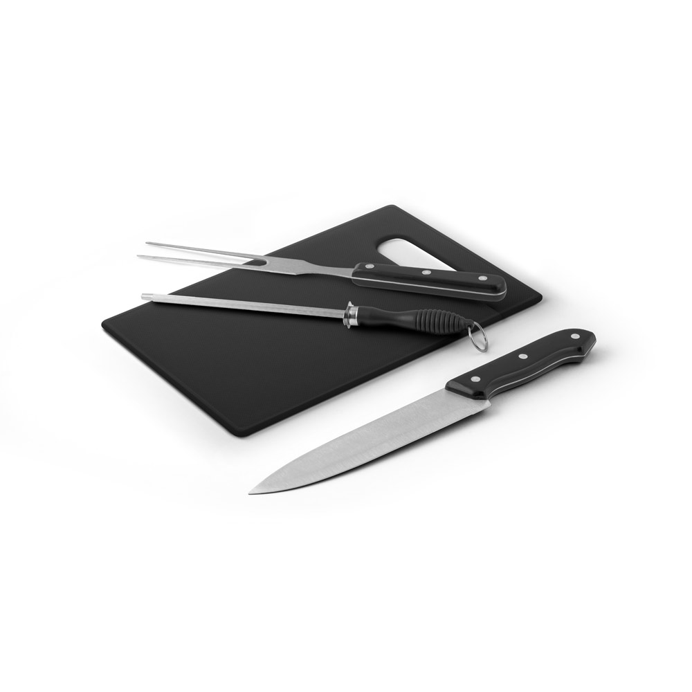 Kit churrasco em estojo em 210D com peças em aço inox e PP