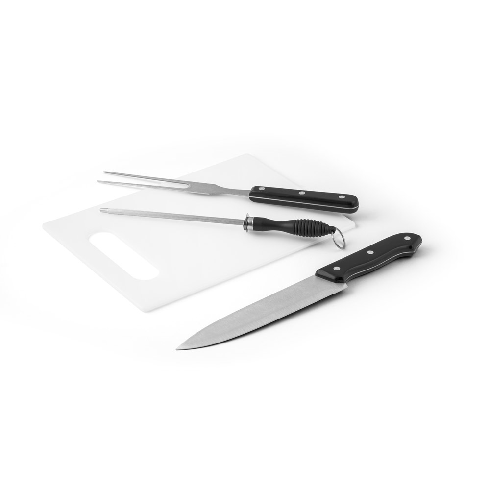 Kit churrasco em estojo em 210D com peças em aço inox e PP