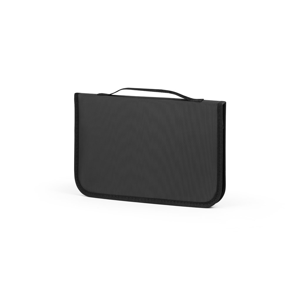 Kit churrasco em estojo de PU e 210D com tábua em bambu e 7 utensílios em aço inox e madeira de Seringueira