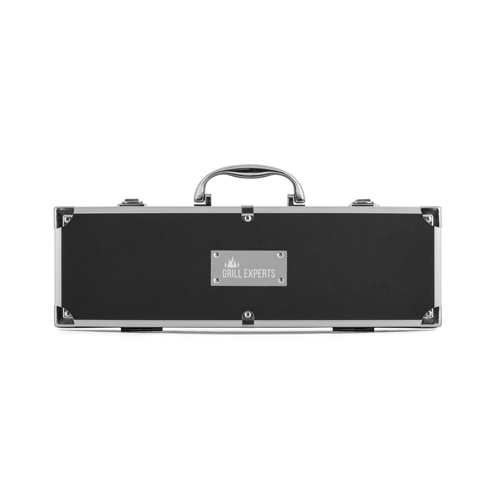 Kit churrasco em estojo de alumínio com 5 utensílios em aço inox e alumínio