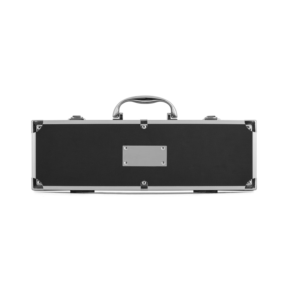 Kit churrasco em estojo de alumínio com 5 utensílios em aço inox e alumínio