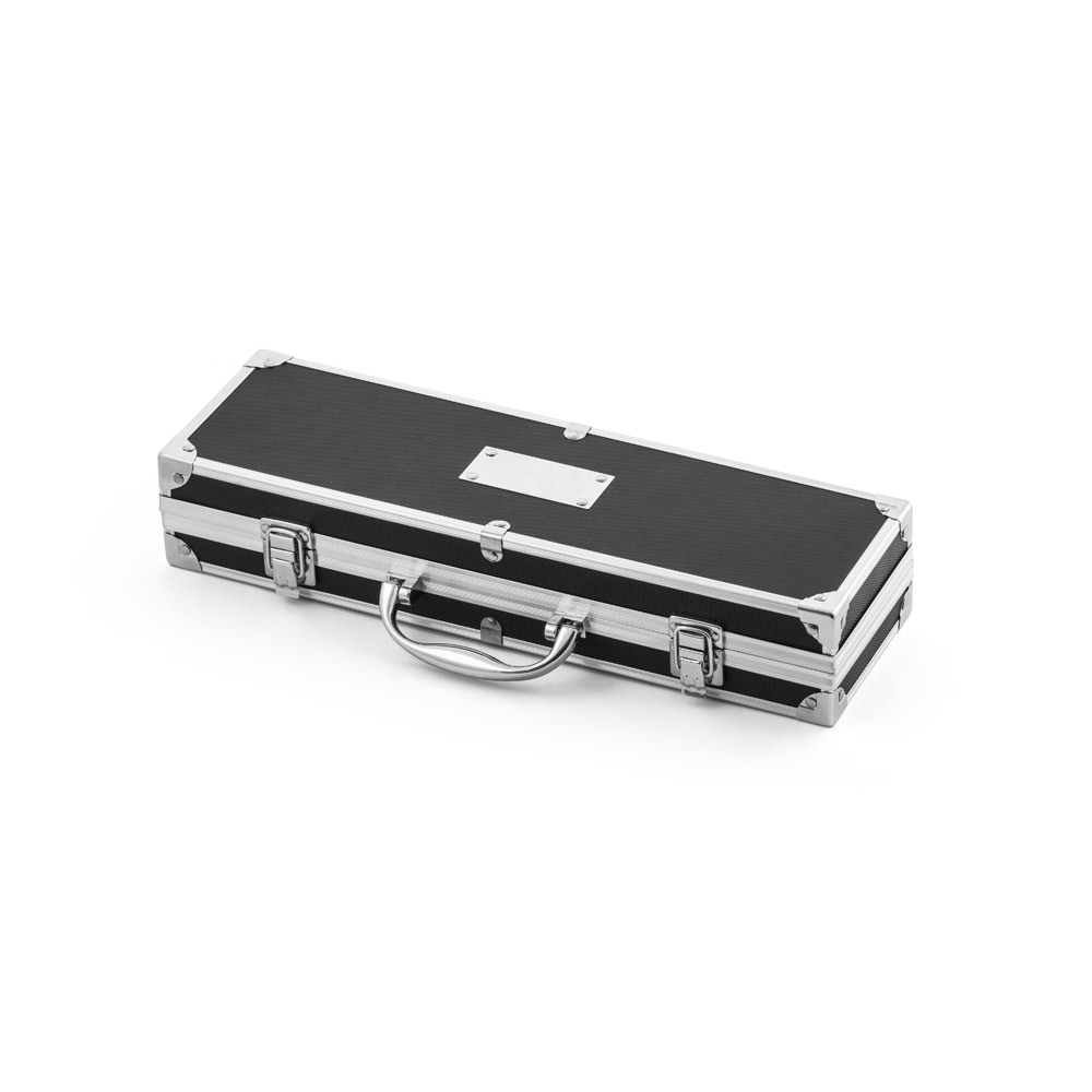Kit churrasco em estojo de alumínio com 5 utensílios em aço inox e alumínio