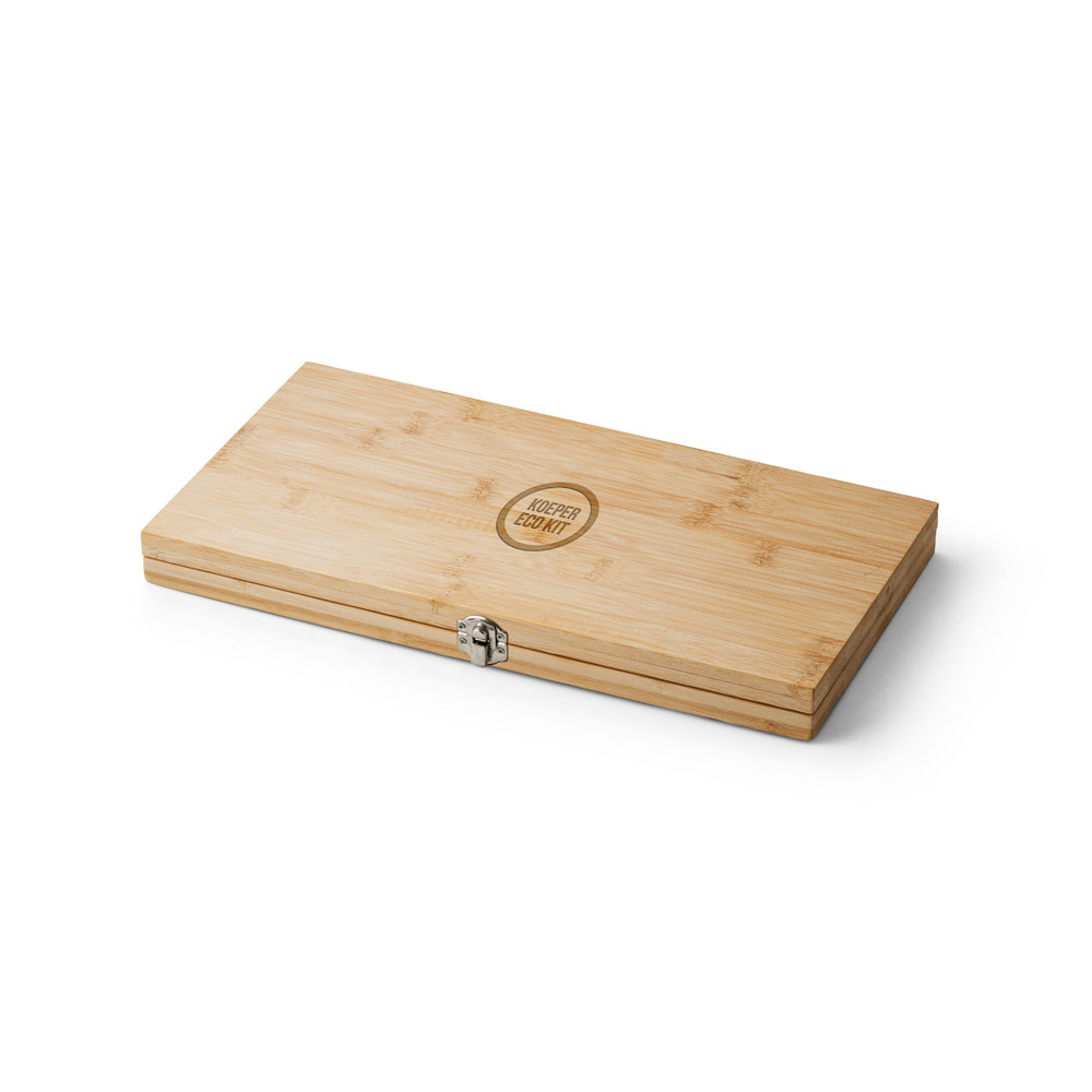 Kit churrasco em caixa bambu com 4 utensílios em aço inox e bambu