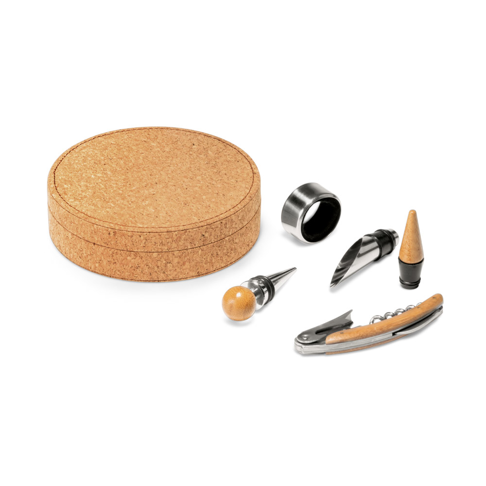 Conjunto para vinho com 4 peças em madeira e metal