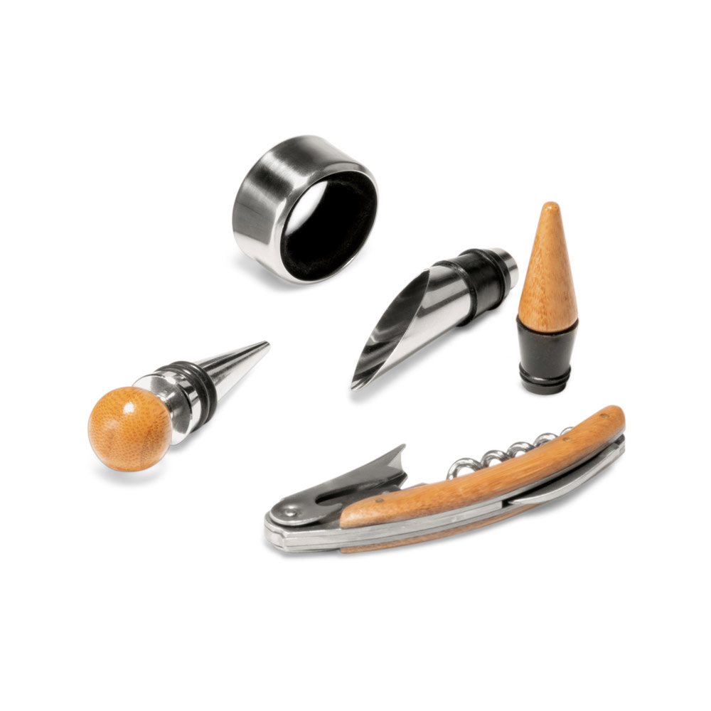 Conjunto para vinho com 4 peças em madeira e metal