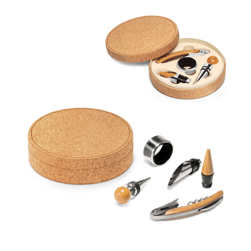 Conjunto para vinho com 4 peças em madeira e metal