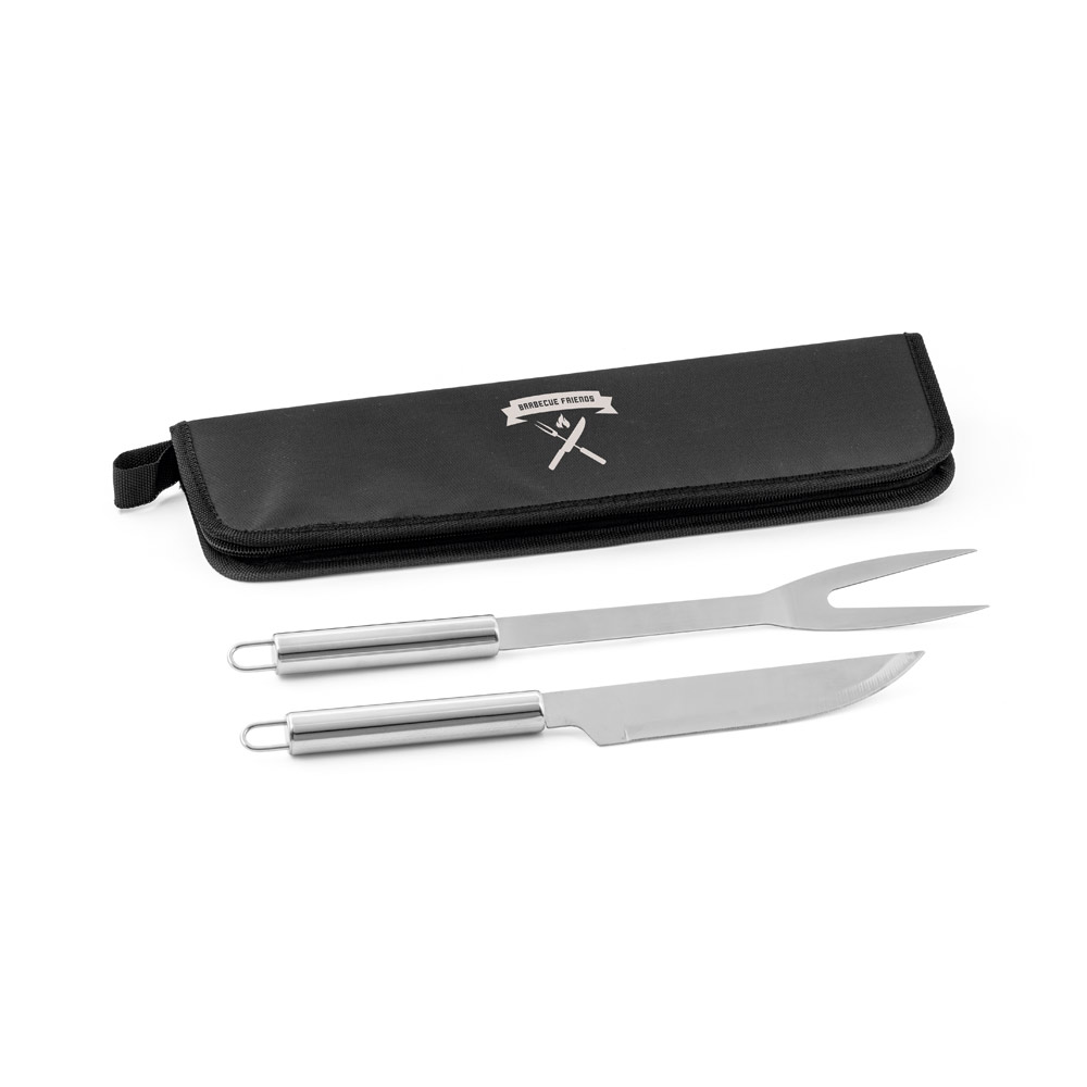 Kit churrasco em estojo em 210D com 2 utensílios em aço inox