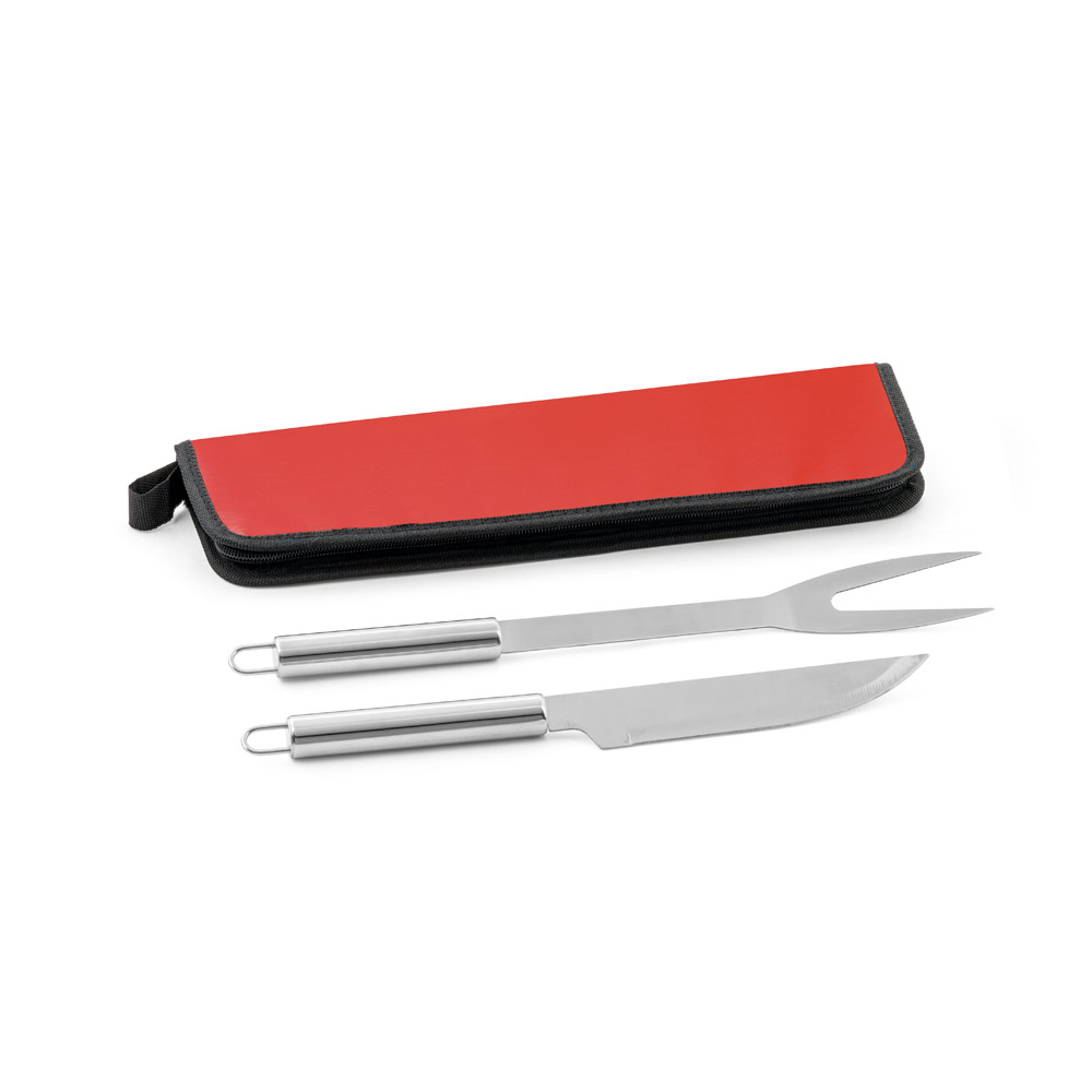Kit churrasco em estojo em 210D com 2 utensílios em aço inox