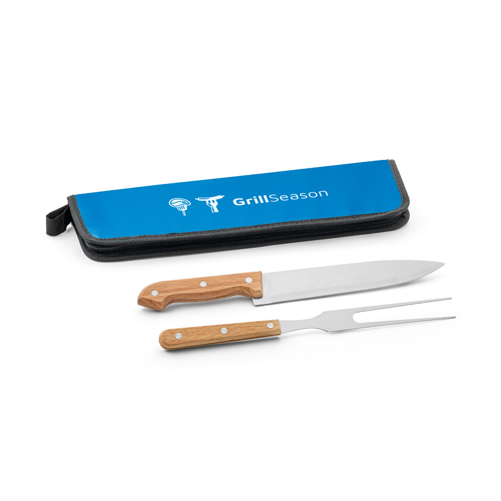 Kit churrasco em estojo em 210D com 2 utensílios em aço inox e madeira seringueira