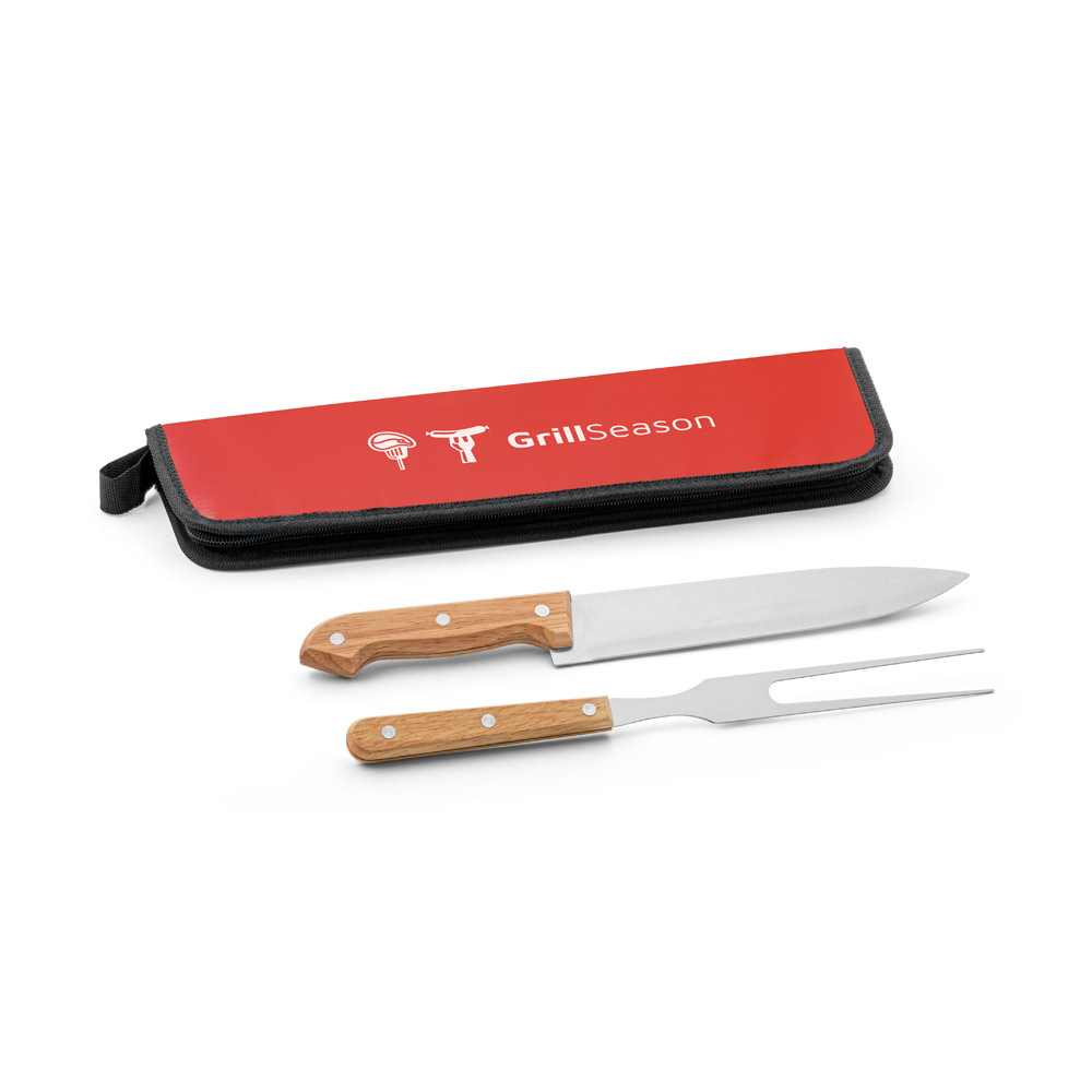 Kit churrasco em estojo em 210D com 2 utensílios em aço inox e madeira seringueira