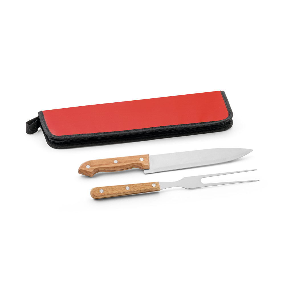 Kit churrasco em estojo em 210D com 2 utensílios em aço inox e madeira seringueira