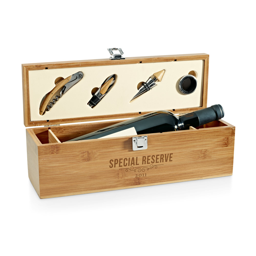 Conjunto para vinho em bambu e zinco