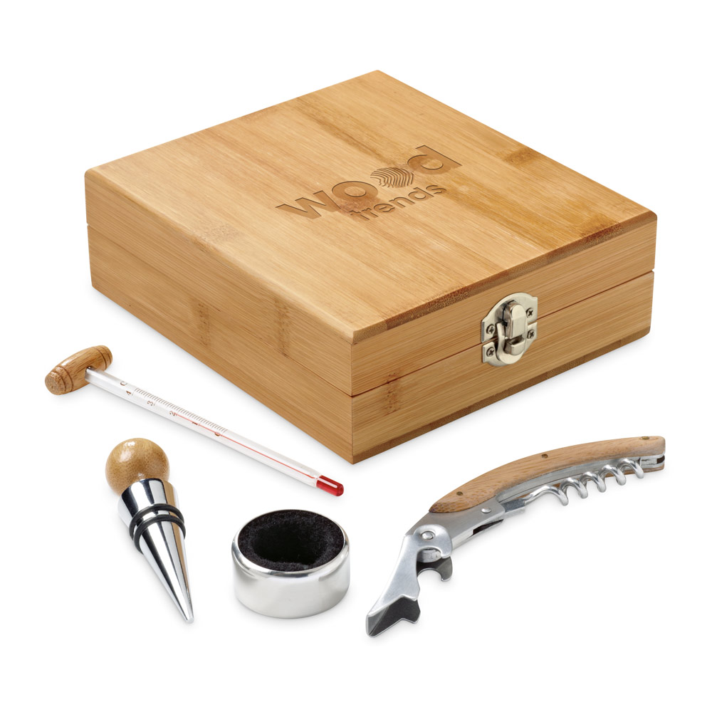 Conjunto para vinho em bambu e zinco