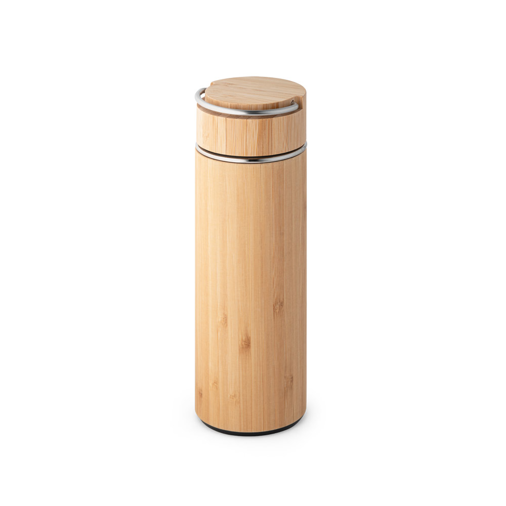 Garrafa em aço inox e bambu de parede dupla térmica, isolada a vácuo 440 mL