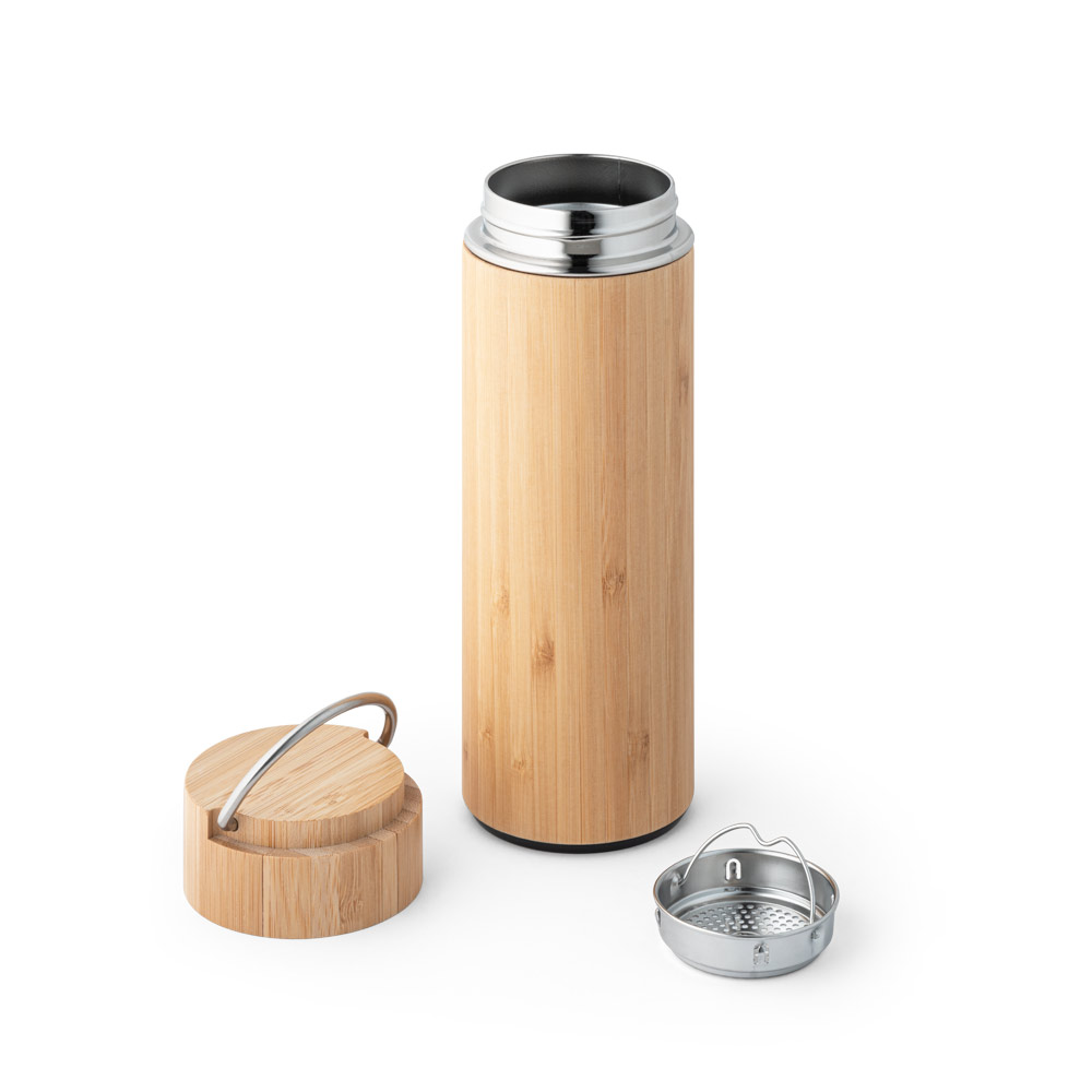 Garrafa em aço inox e bambu de parede dupla térmica, isolada a vácuo 440 mL