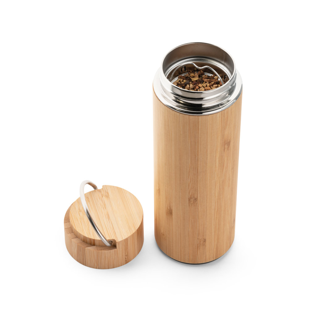 Garrafa em aço inox e bambu de parede dupla térmica, isolada a vácuo 440 mL