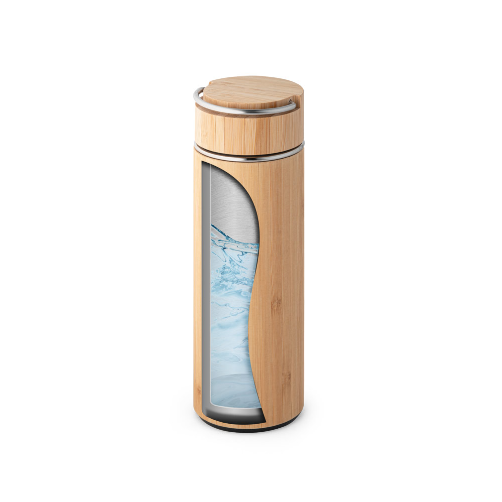 Garrafa em aço inox e bambu de parede dupla térmica, isolada a vácuo 440 mL