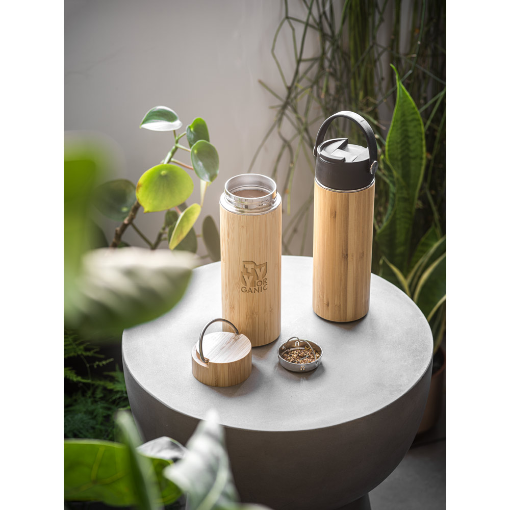 Garrafa em aço inox e bambu de parede dupla térmica, isolada a vácuo 440 mL