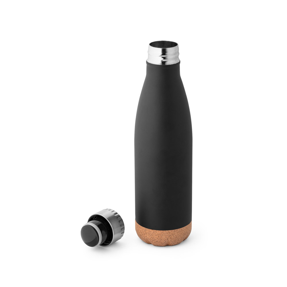 Garrafa em aço inox de parede dupla térmica, isolada a vácuo, com tampa em aço inox e base em cortiça 560 mL