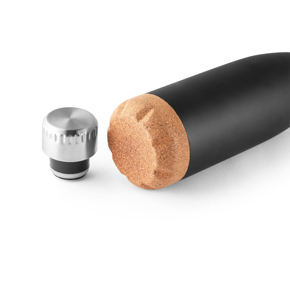 Garrafa em aço inox de parede dupla térmica, isolada a vácuo, com tampa em aço inox e base em cortiça 560 mL