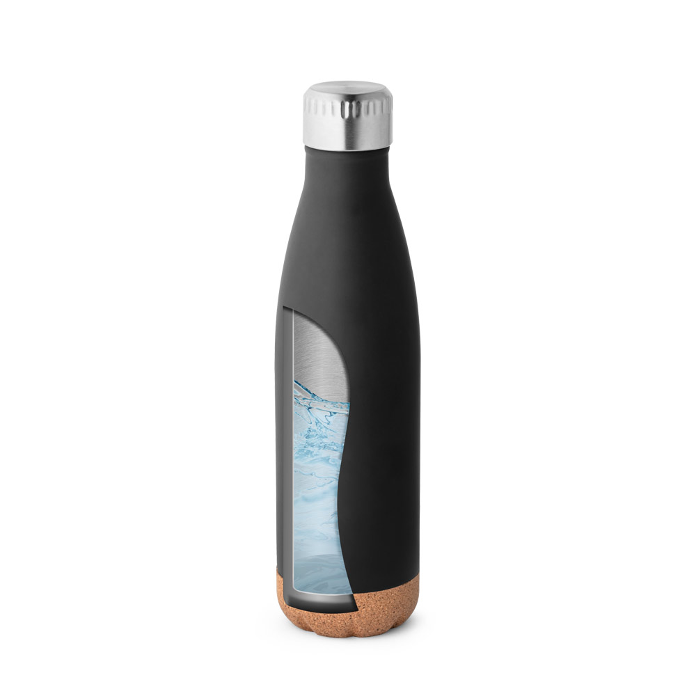 Garrafa em aço inox de parede dupla térmica, isolada a vácuo, com tampa em aço inox e base em cortiça 560 mL