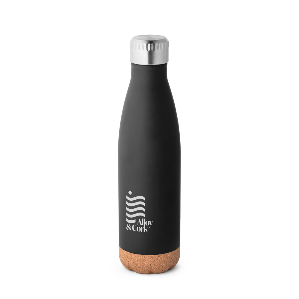 Garrafa em aço inox de parede dupla térmica, isolada a vácuo, com tampa em aço inox e base em cortiça 560 mL