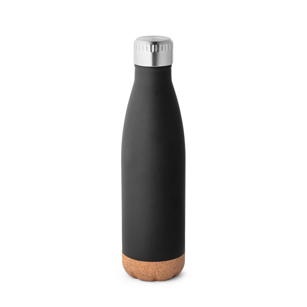 Garrafa em aço inox de parede dupla térmica, isolada a vácuo, com tampa em aço inox e base em cortiça 560 mL