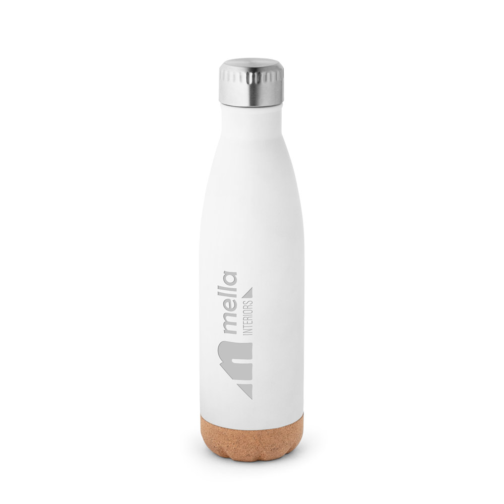 Garrafa em aço inox de parede dupla térmica, isolada a vácuo, com tampa em aço inox e base em cortiça 560 mL
