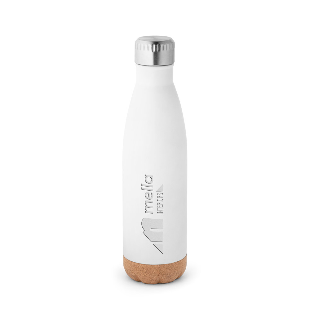 Garrafa em aço inox de parede dupla térmica, isolada a vácuo, com tampa em aço inox e base em cortiça 560 mL