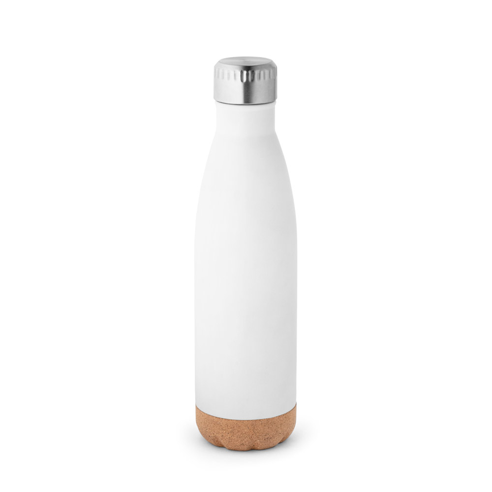 Garrafa em aço inox de parede dupla térmica, isolada a vácuo, com tampa em aço inox e base em cortiça 560 mL