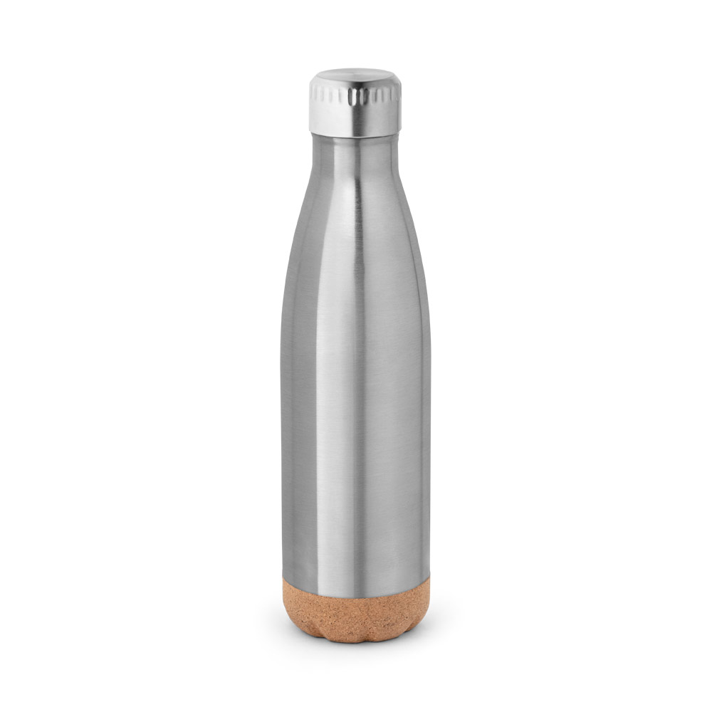 Garrafa em aço inox de parede dupla térmica, isolada a vácuo, com tampa em aço inox e base em cortiça 560 mL
