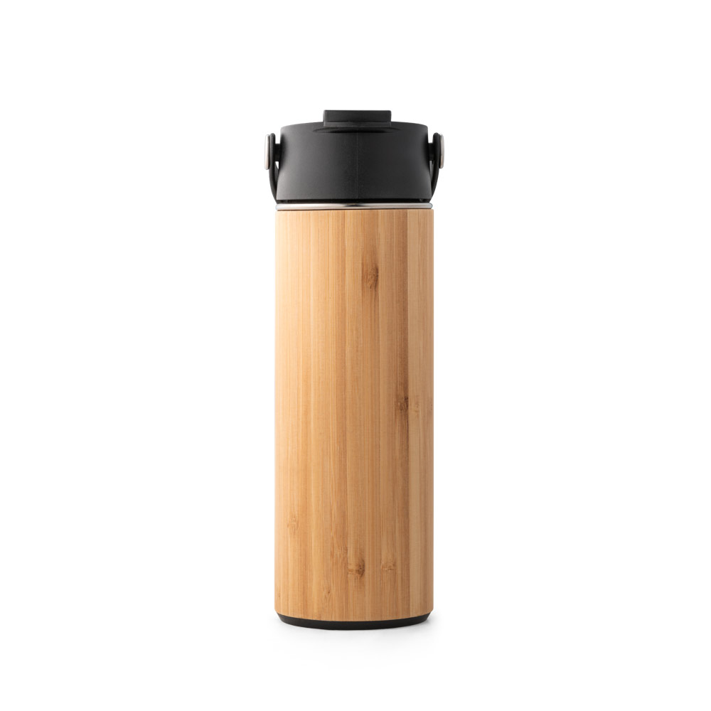 Garrafa em aço inox e bambu de parede dupla térmica, isolada a vácuo 440 mL