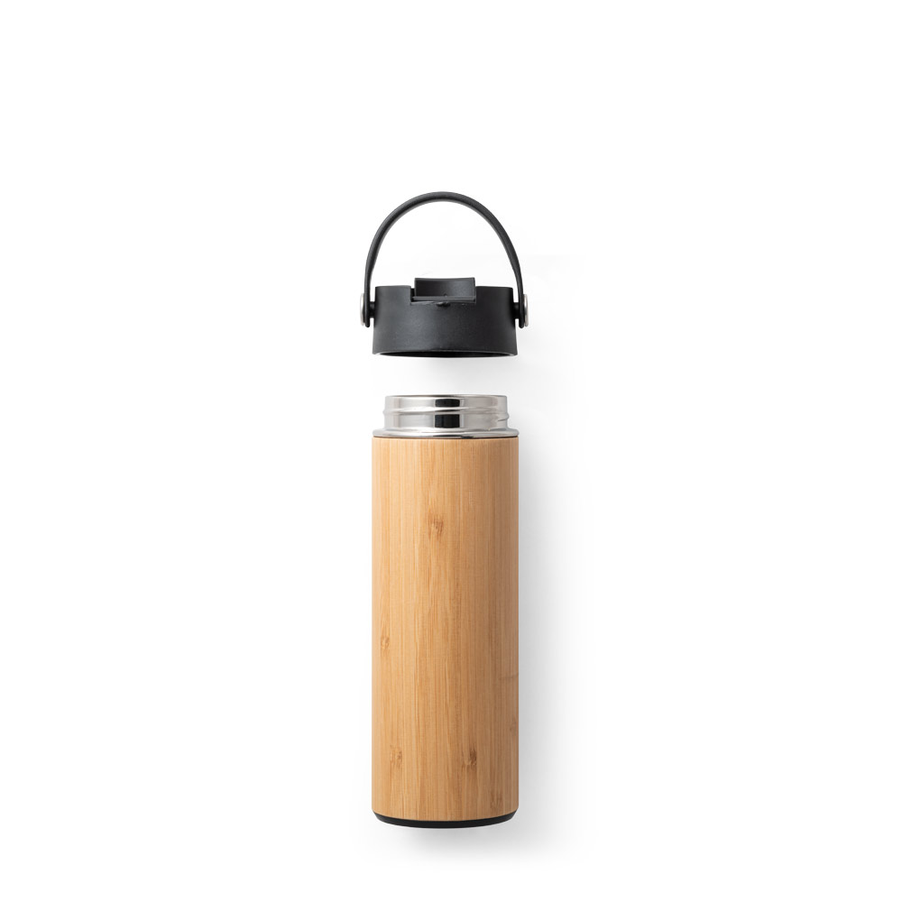 Garrafa em aço inox e bambu de parede dupla térmica, isolada a vácuo 440 mL