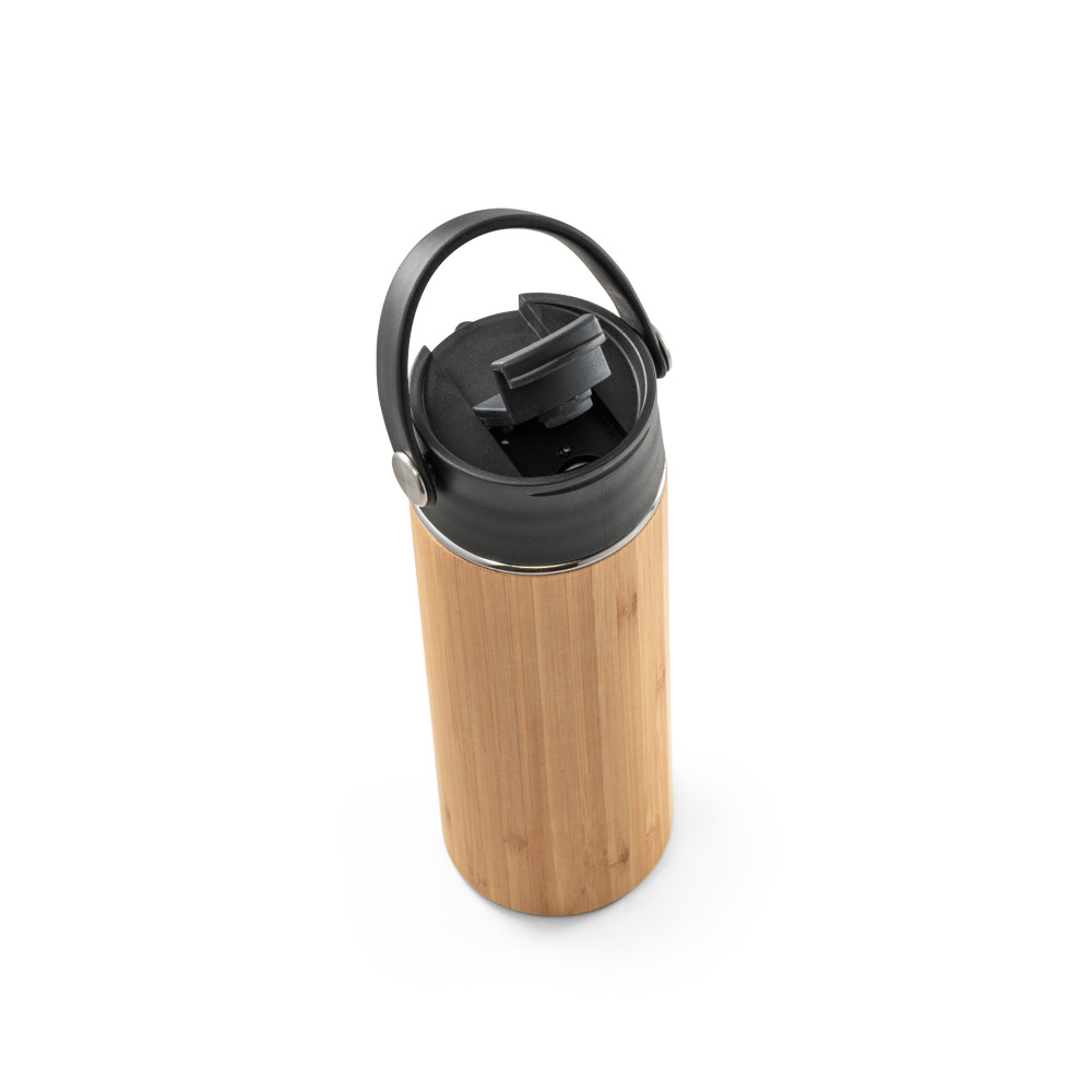 Garrafa em aço inox e bambu de parede dupla térmica, isolada a vácuo 440 mL