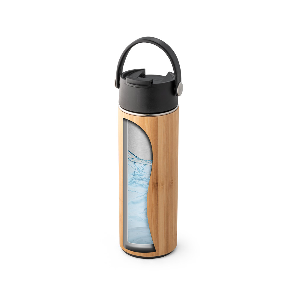 Garrafa em aço inox e bambu de parede dupla térmica, isolada a vácuo 440 mL