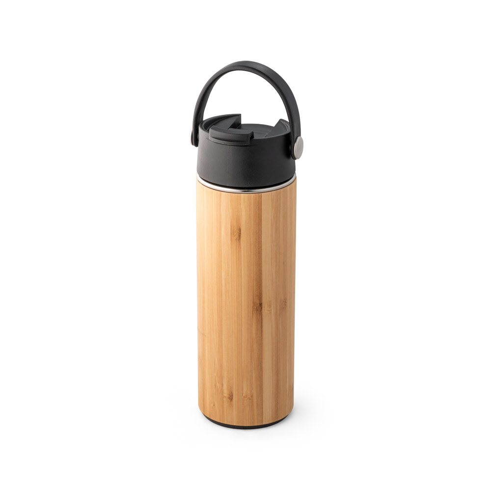 Garrafa em aço inox e bambu de parede dupla térmica, isolada a vácuo 440 mL