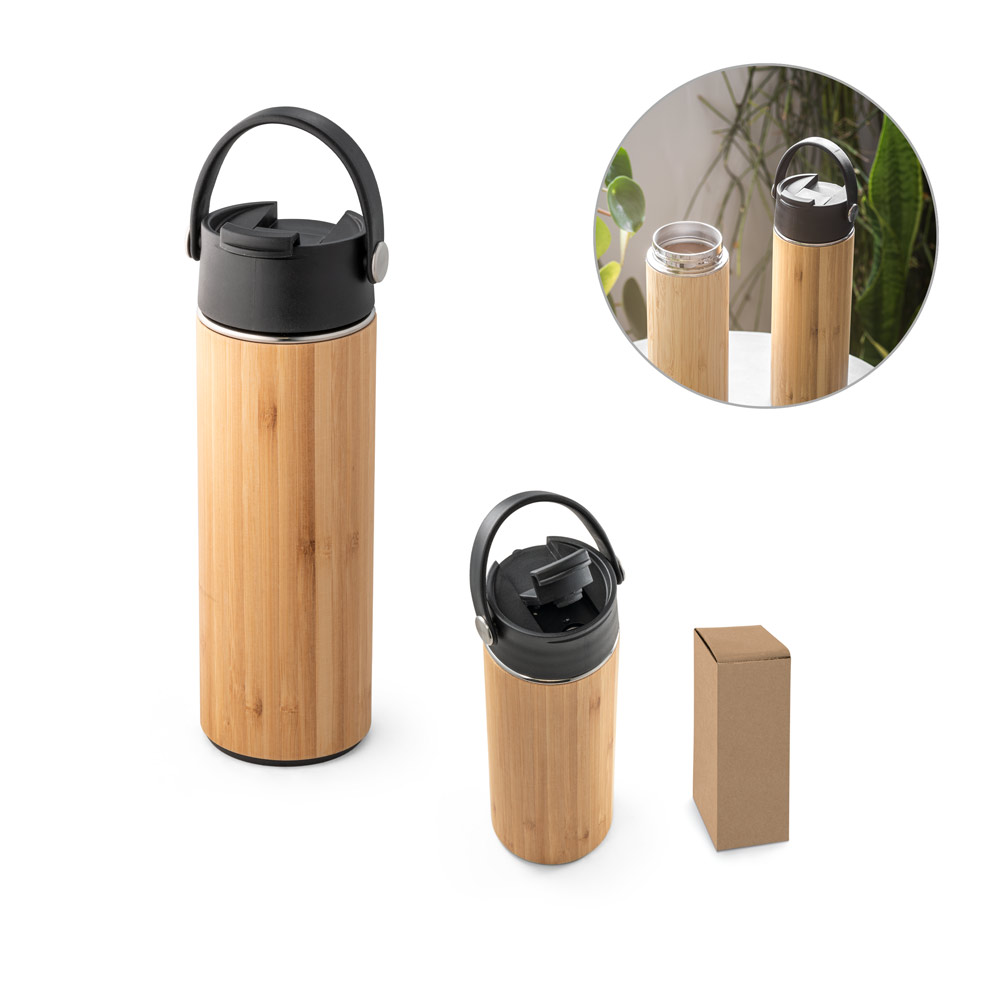 Garrafa em aço inox e bambu de parede dupla térmica, isolada a vácuo 440 mL